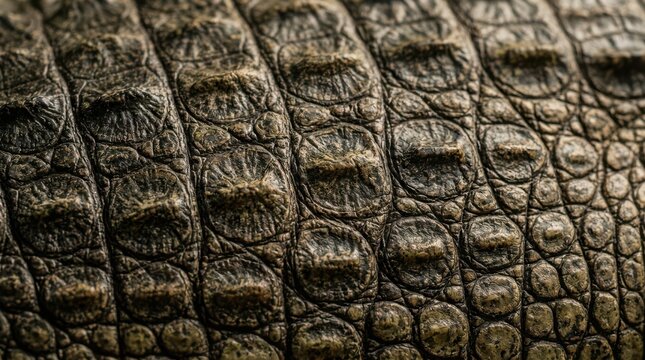 Close-up of textured crocodile skin with moss