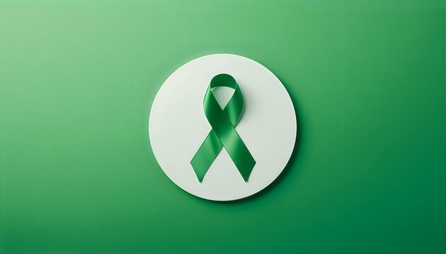 Green awareness ribbon on white circle, promoting mental health support.