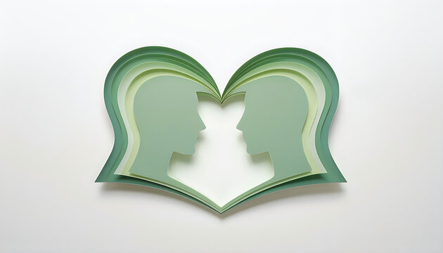 Green paper cut heart showing male and female profile silhouettes for empathy.