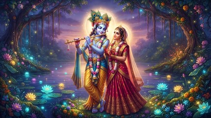 Fototapeta premium Divine hindu deities radha and krishna standing together in a magical forest pond