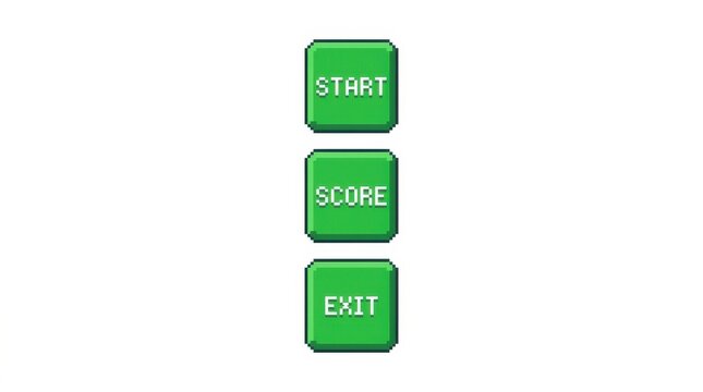 Pixelated game buttons with start score and exit labels on a white background gaming interface digital retro eightbit eight-bit