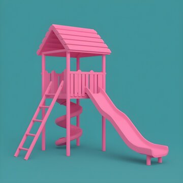 "Monochromatic pink playground slide structure with ladders, 3D render, teal background."