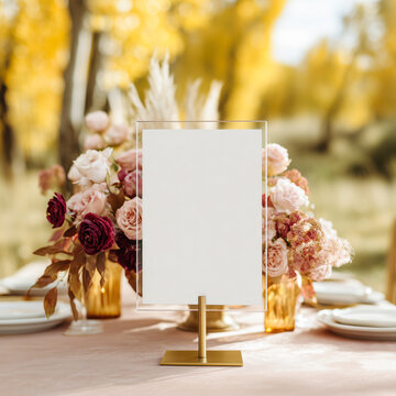 Blank table sign on a gold stand surrounded by romantic autumn flowers at an elegant outdoor wedding reception