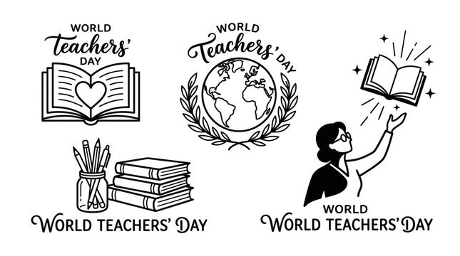 A collection for world teachers day includes books wreaths and a student happily celebrating the importance of education in monochrome
