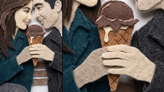 Couple sharing an ice cream cone in a cozy setting  