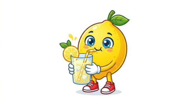 A cartoon lemon character enjoys a glass of lemonade on a white background drink citrus fruit yellow vector illustration