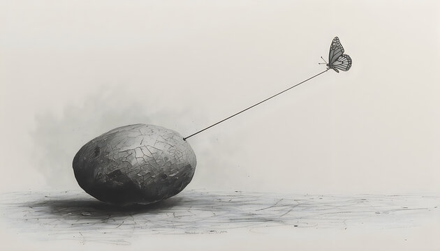 Minimalist butterfly tethered to heavy stone represents burden and liberation.