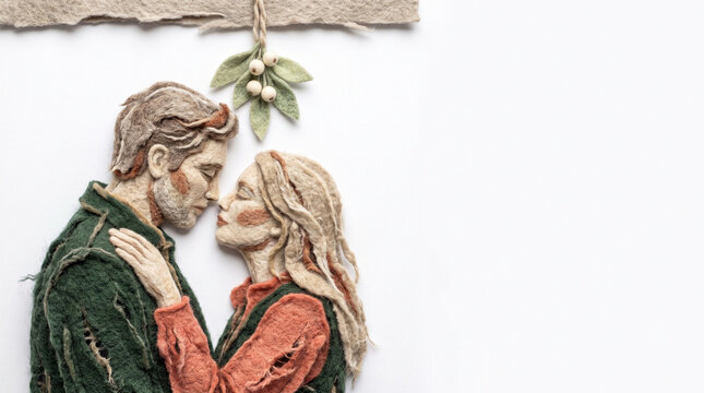 Couple kissing under mistletoe in an artistic textile interpretation  