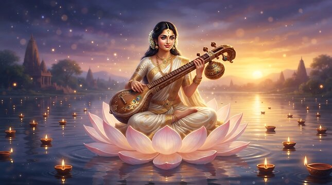 Goddess saraswati playing veena on a lotus flower in a lake