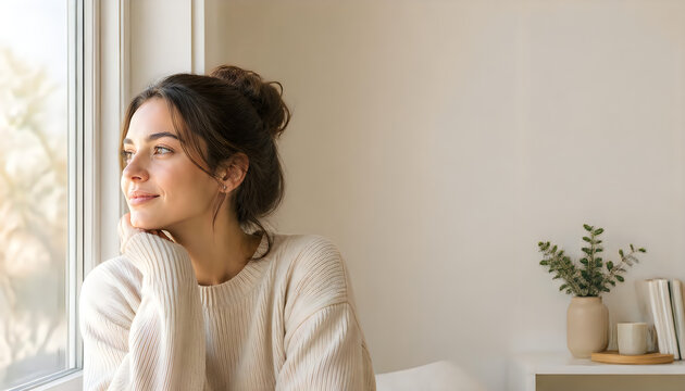 Peaceful young woman looking out window thinking in bright minimalist interior.