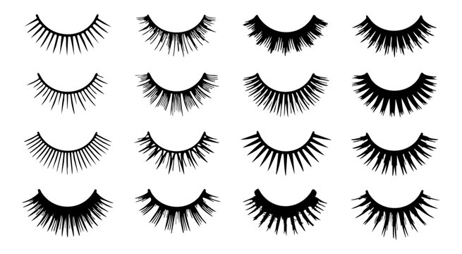 Collection of black false eyelashes on transparent background.