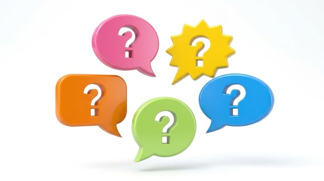 Colorful speech bubbles with question marks rest against a white background interrogation points balloons communication dialogue conversation query inquiry