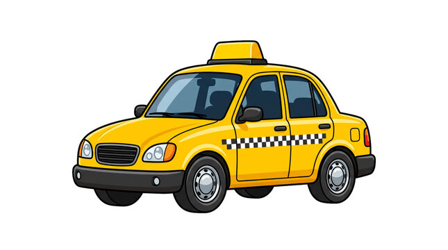 A bright yellow taxi cab cartoon car illustration, isolated on black background. Vibrant design for city transportation, travel services, and urban ride concepts.