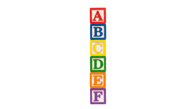 Vertical stack of wooden alphabet blocks with letters A through F. Vibrant colorful toy cubes isolated on black, perfect for education, childhood, or design concepts.