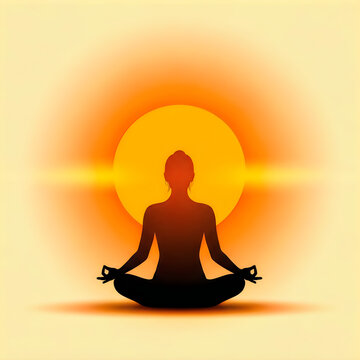 Silhouette of woman in lotus yoga pose against bright orange sunset background.