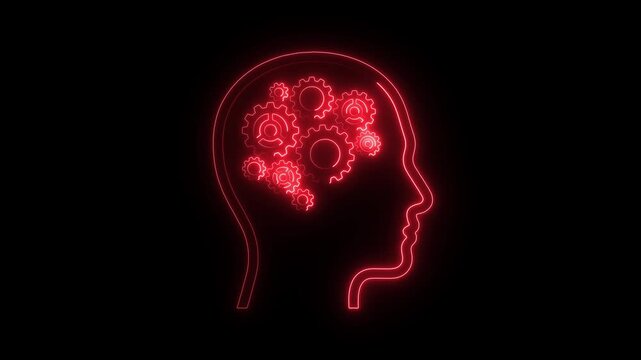 Glowing red human head silhouette with mechanical gears inside