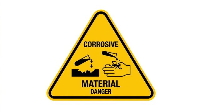 Corrosive material danger sign features a yellow triangular warning with black illustrations hazard signage safety caution chemical acid alkali
