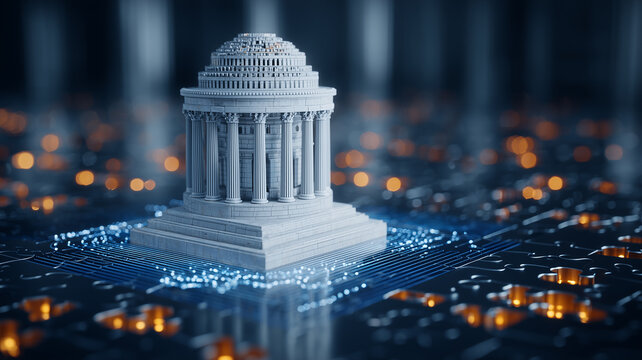 Government building standing on digital circuitry depicting public sector technology modernization digital governance and connected administration.
