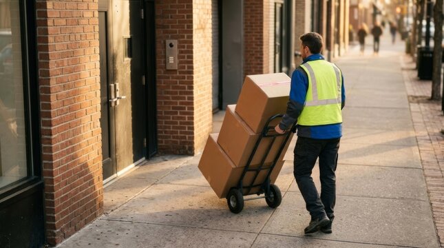 Courier pushing dolly with cardboard boxes toward store service entrance on a sunny sidewalk, delivery service concept