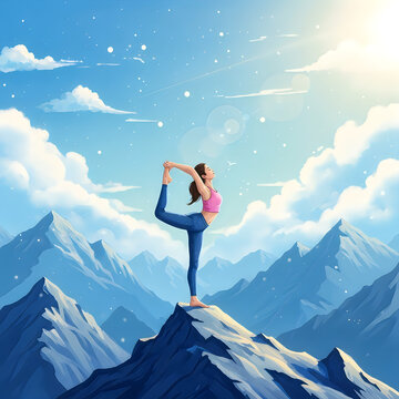 Woman doing yoga warrior 3 pose on snowy mountain peak at sunrise.