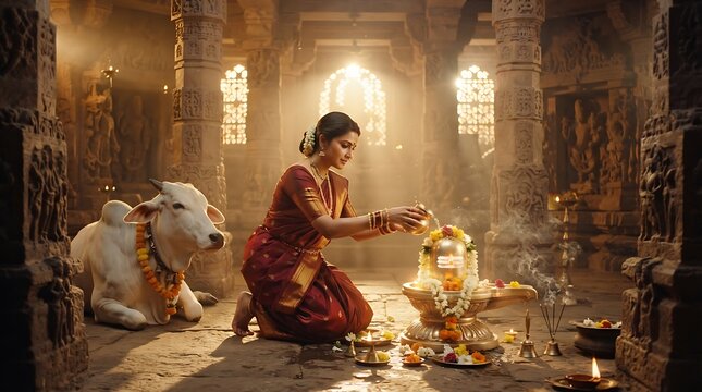 Devout indian woman performing ritual worship to shiva linga in an ancient temple