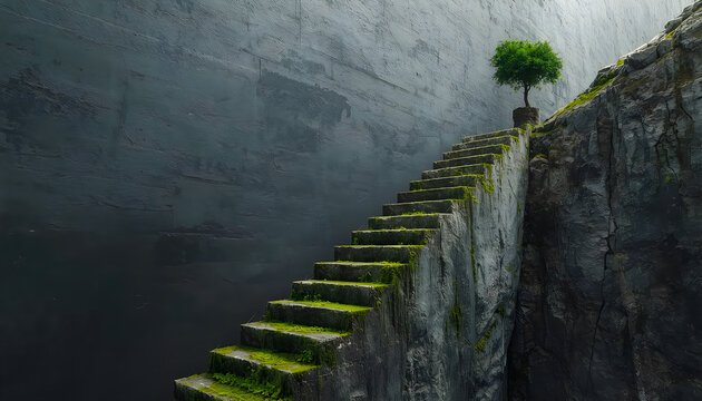 Stairway leading to small tree on rocky cliff against textured wall.