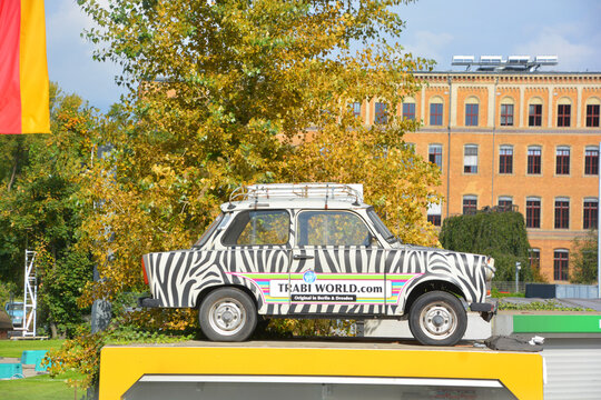 BERLIN GERMANY: Famous Trabant car in front the GDR musuem in Berlin, Germany. The Trabant is a car that was produced by former East German auto maker VEB in Zwickau.