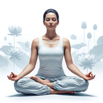Woman meditating in lotus pose with serene water lilies for wellness and calm.