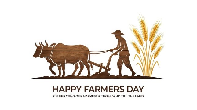 Silhouette of a farmer plowing a field with an ox and wheat stalks against a white background agriculture arable