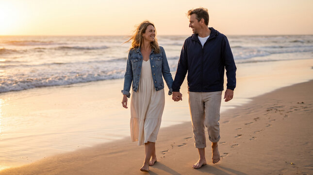 Young couple walking hand in hand on a beach at sunset  