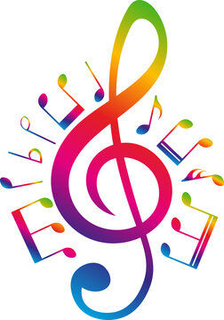 Colorful music notes and treble clef