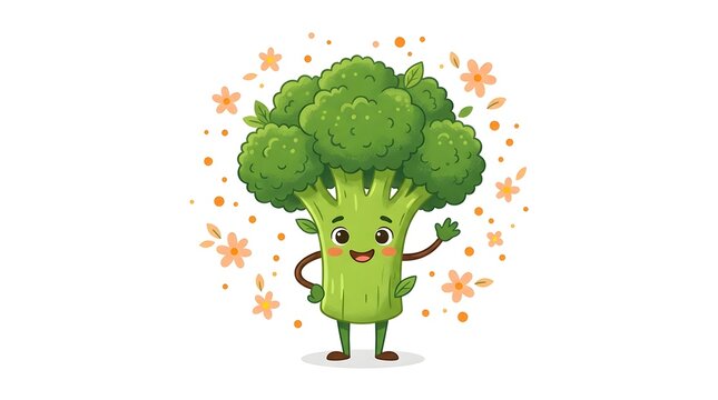 Adorable Smiling Broccoli Cartoon Character with Floral Details for Kids&rsquo; Healthy Food Designs