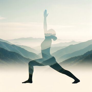 Yoga warrior pose silhouette superimposed over misty mountain landscape.