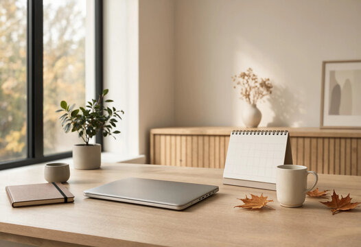 Wooden desk with laptop notebook mug and autumn leaves near window