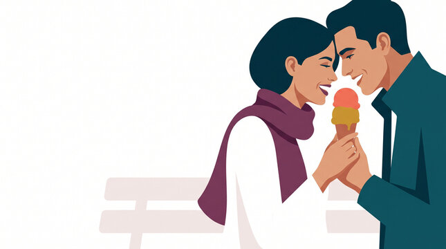 Couple enjoying ice cream together on a park bench  