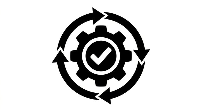 Circular gear with checkmark and rotating arrows represents a process or system with confirmation automation cogwheel completion control cycle