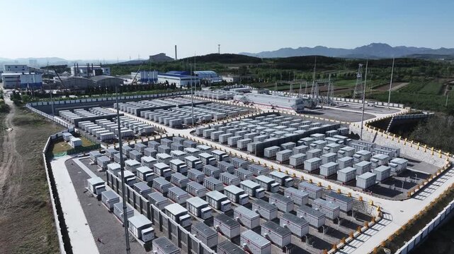 Aerial view of a large-scale energy storage power station with battery arrays arranged in orderly rows