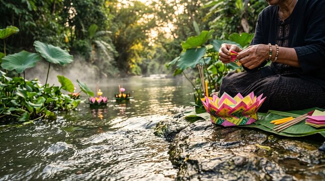 Woman crafting colorful paper krathong by misty riverbank at sunrise