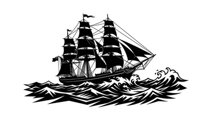 Detailed black silhouette of a large sailing ship riding crashing ocean waves vector illustration © Masud