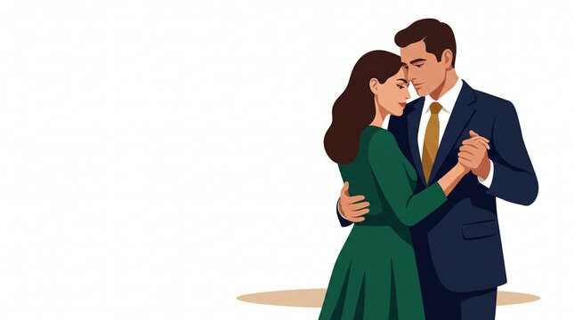 Couple dancing closely in elegant attire on a minimal background  