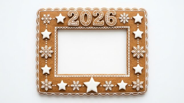 A gingerbread frame decorated with snowflakes and the year 2026 sits against a white background bakedgoods biscuits christmas cookie