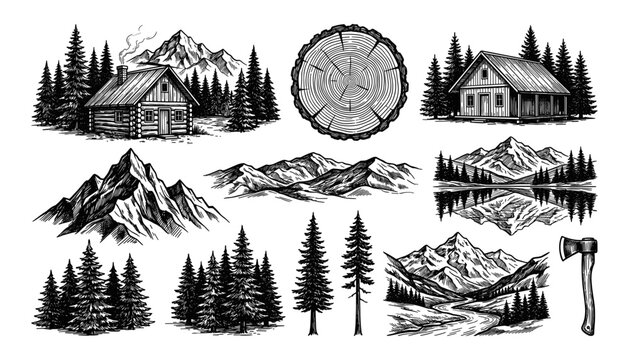 Collection of detailed black and white vintage woodcut style illustrations featuring forest cabins mountains pine trees and logger tools vector design