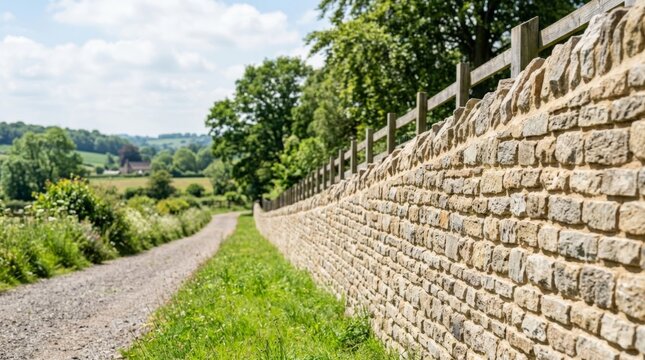 Stone boundary wall along a gravel path in the English countryside, offering copy space and a sense of luxury property