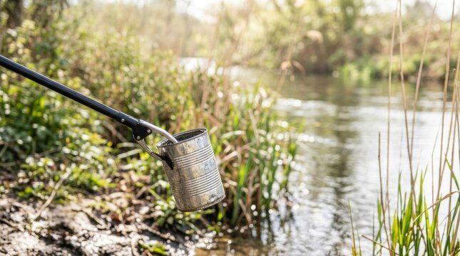 Litter cleanup with trash picker grabbing tin can by river, environmental protection concept