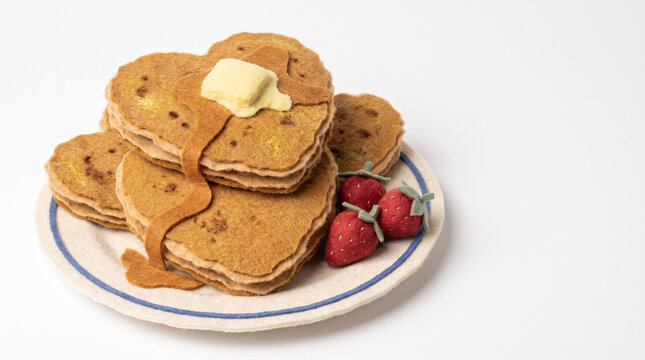 Heart-shaped pancakes with butter and strawberries on a plate  