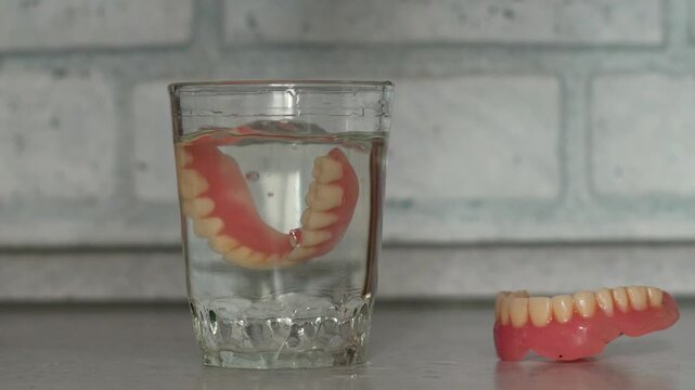 A person lowers two removable full dentures into a glass of clear water one by one. Demonstration of daily hygienic care and storage for false teeth at home