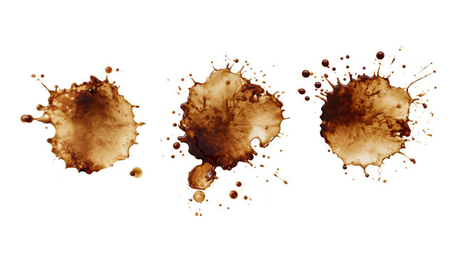 Three dark brown coffee liquid splashes and drips