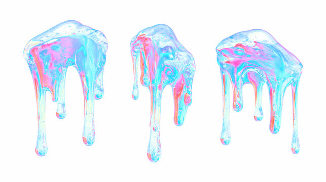 Three holographic dripping liquid elements with iridescent colors