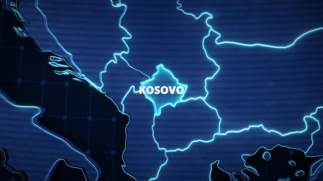 Map animation highlighting Kosovo, Europe with glowing blue borders and typography, ideal for a broadcast news presentation backdrop.
