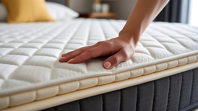 Hand testing the firmness and quality of a comfortable white quilted bedroom mattress